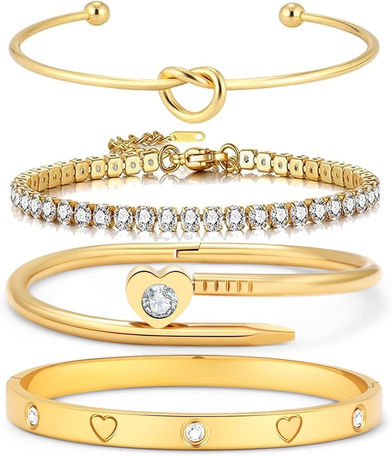 FAFUGA 18 K Gold Plated Love Bangle Bracelet Stack Cuff Jewelry for Women Jewelry Set for Women Gift with Box - Image 1